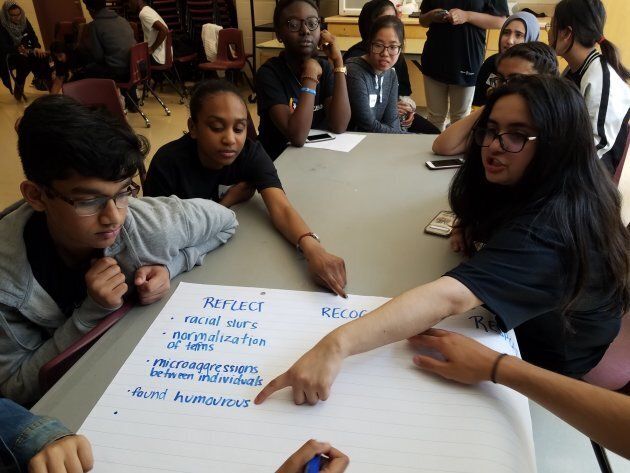 Students from Maple High School in the York Region District School Board plan ways to make their school more inclusive at a workshop organized by Harmony Movement.