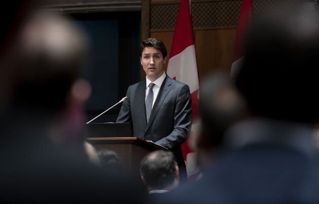 Prime Minister Justin Trudeau speaks at an evening caucus meeting on Parliament Hill in Ottawa on April 2, 2019.
