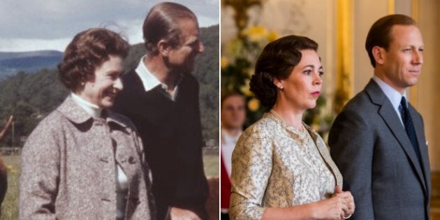 Left: Queen Elizabeth II and Prince Philip at Balmoral, Scotland in 1972. Right: Olivia Colman and Tobias Menzies in Season 3 of