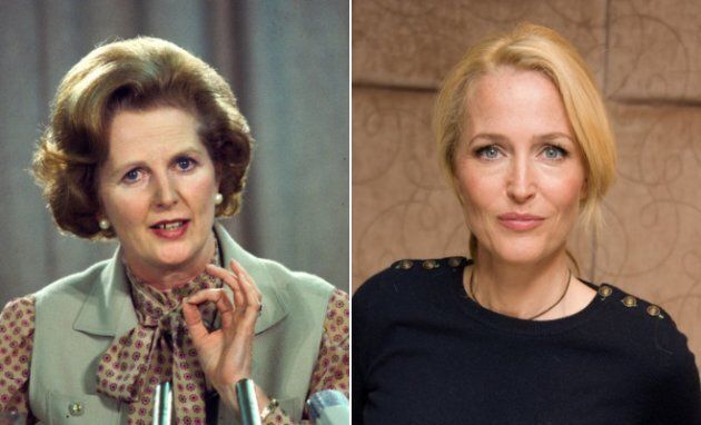 Left: Margaret Thatcher at a political conference in London in the early 1980s in London, England. Right: Gillian Anderson at a press conference for "American Gods" on May 3, 2017 in London, England.