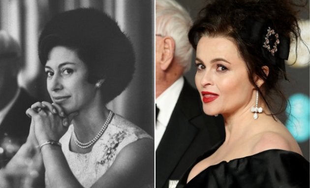 Left: Princess Margaret at an American fashion show in 1965. Right: Helena Bonham Carter at the EE British Academy Film Awards in London in Feb. 2018.
