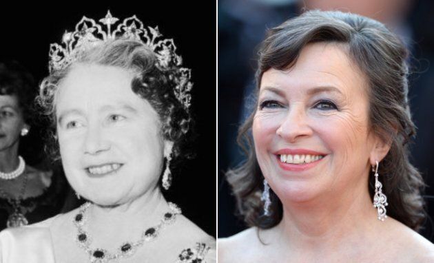 Left: the Queen Mother at a performance at RADA in London in Nov. 1964. London, UK, November 1964. Right: Marion Bailey a the premiere of "Mr. Turner" on May 15, 2014.