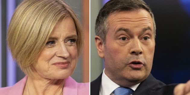 A composite photo from the 2019 Alberta Leaders Debate in Edmonton, which took place on April 4, 2019. On the left, Alberta New Democrat Party Leader and incumbent premier Rachel Notley; on the right, Alberta United Conservative Party Leader Jason Kenney.