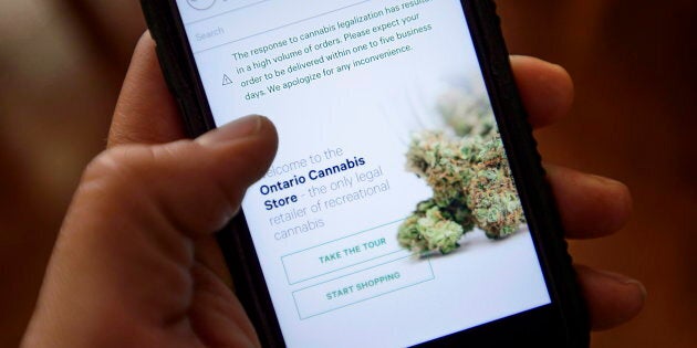 The Ontario Cannabis Store website pictured on a mobile phone in Ottawa, Thurs. Oct. 18, 2018.