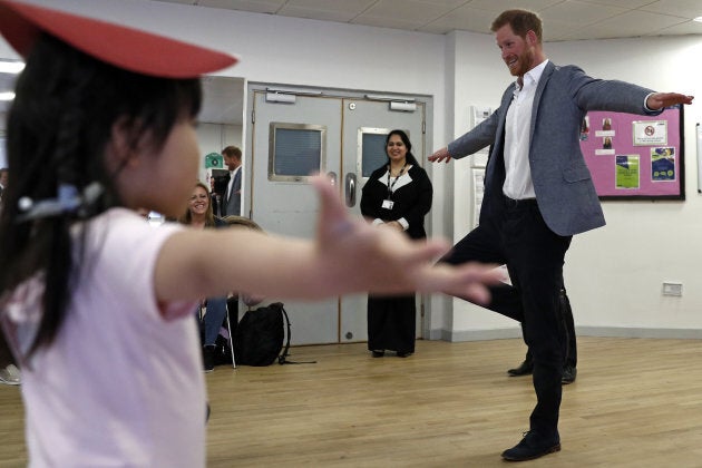 Prince Harry, Duke of Sussex joins children taking part in ballet class for 4 to 6 year olds, during a visit to YMCA South Ealing, on April 3, 2019 in London, England.