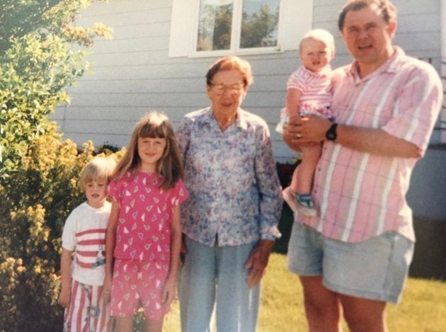 The author with her dad, sisters and great-grandmother Mary outside her home in Sturgis, Sask., in 1991. The people are listed as: Michelle, Hilary (the author at 8 years old), Mary, Mari-Anne and Clarence Pettersen.