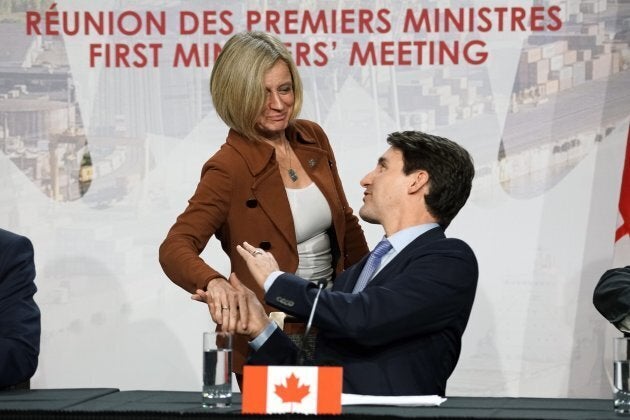 Alberta Premier Rachel Notley and Prime Minister of Canada Justin Trudeau shaking hands at the First Ministers meeting held in Montreal on Dec. 7, 2018.