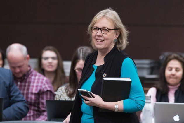 Green Party Leader Elizabeth May arrives for a committee hearing on Parliament Hill in Ottawa on Feb. 27, 2019.