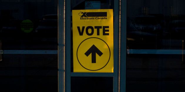 TORONTO, ON- OCTOBER 19:A voting sign on the voting centre of Birchmount Bluffs Community Centre during the 2015 Canadian federal election in the riding of Scarborough Southwest Monday evening.Lucas Oleniuk-Toronto Star (Lucas Oleniuk/Toronto Star via Getty Images)