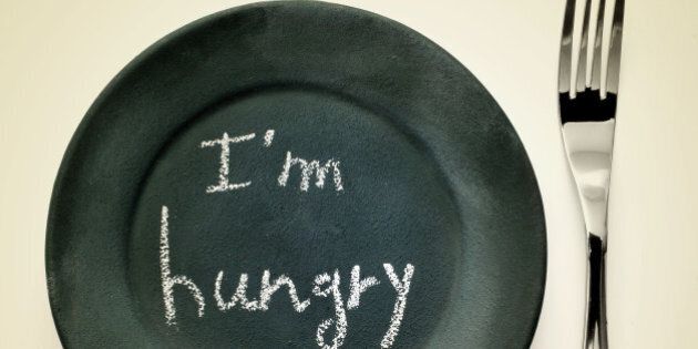 picture of a fork and a plate painted as a blackboard with the text I am hungry written in it on a beige background with a retro effect