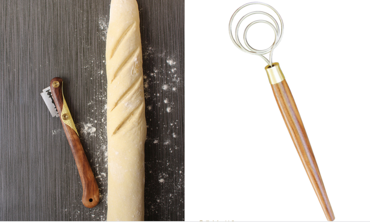 Left to right: A black walnut bread lame (used to slash patterns into dough) and a dough whisk.