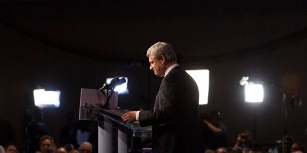 Conservative Leader Stephen Harper, Canada's prime minister, attends a news conference where he conceded victory on election day in Calgary, Alberta, Canada, on Monday, Oct. 19, 2015. Justin Trudeau's Liberal Party has swept into office with a surprise majority, ousting Prime Minister Stephen Harper and capping the biggest comeback election victory in Canadian history. Photographer: Ben Nelms/Bloomerg