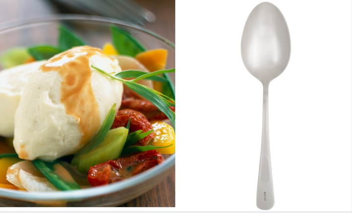 A quenelle is a smooth, football-shaped spoonful, usually of ice cream or whipped cream. <a href="https://www.webstaurantstore.com/mercer-culinary-m35138-1-3-oz-stainless-steel-solid-bowl-9-plating-spoon/470M35138.html?utm_source=Google&utm_medium=cpc&utm_campaign=GoogleShopping&gclid=EAIaIQobChMIjqTZ4bGR4gIVUl8NCh2IZA75EAQYAiABEgIstPD_BwE" target="_blank" role="link" class=" js-entry-link cet-external-link" data-vars-item-name="The spoon" data-vars-item-type="text" data-vars-unit-name="5cd47363e4b0796a95d87d7e" data-vars-unit-type="buzz_body" data-vars-target-content-id="https://www.webstaurantstore.com/mercer-culinary-m35138-1-3-oz-stainless-steel-solid-bowl-9-plating-spoon/470M35138.html?utm_source=Google&utm_medium=cpc&utm_campaign=GoogleShopping&gclid=EAIaIQobChMIjqTZ4bGR4gIVUl8NCh2IZA75EAQYAiABEgIstPD_BwE" data-vars-target-content-type="url" data-vars-type="web_external_link" data-vars-subunit-name="article_body" data-vars-subunit-type="component" data-vars-position-in-subunit="37">The spoon</a> on the right can achieve that shape.