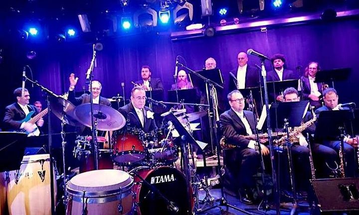 Bobby Sanabria, on drums, and his Multiverse Big Band playing a benefit concert for Puerto Rico musicians, October 2017.