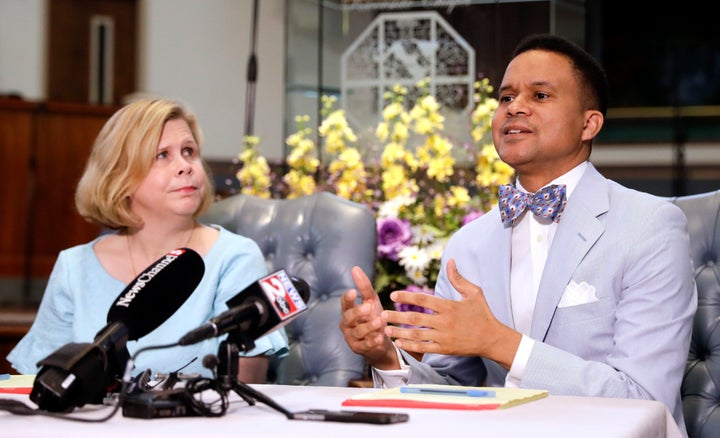 Pastor Furman Fordham (right) speaks on behalf of Johnson on April 3, 2019, in Nashville.