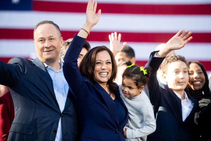 Harris and Emhoff at a rally launching her presidential campaign on Jan. 27, 2019, in Oakland, California.