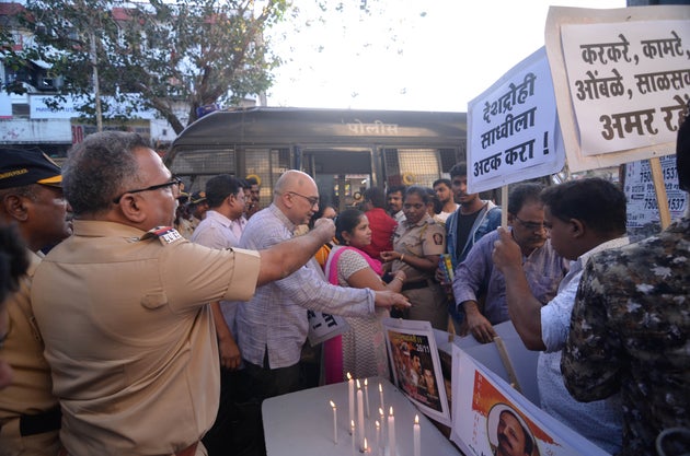 A protest in Mumbai in April against Pragya Thakur's remarks on Hemant