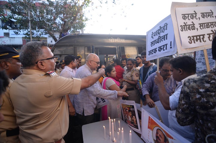 A protest in Mumbai in April against Pragya Thakur's remarks on Hemant Karkare.