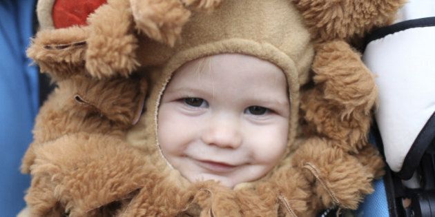 Baby, child in a lion halloween costume