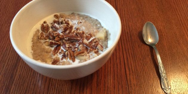 Oatmeal with almond soy milk, banana and toasted pecans