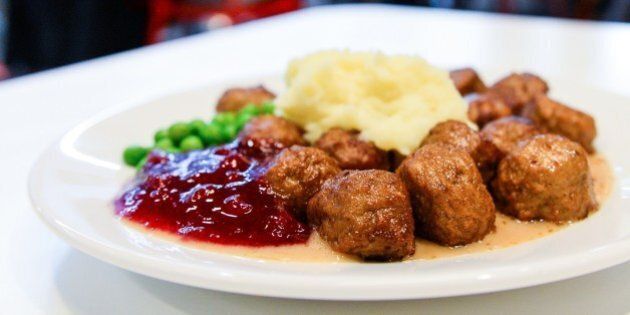 A picture taken on November 2, 2014 in Stockholm shows a traditional Swedish dish, Swedish meatballs with mashed potatoes, peas, lingonberry jam and cream sauce. AFP PHOTO/JONATHAN NACKSTRAND (Photo credit should read JONATHAN NACKSTRAND/AFP/Getty Images)