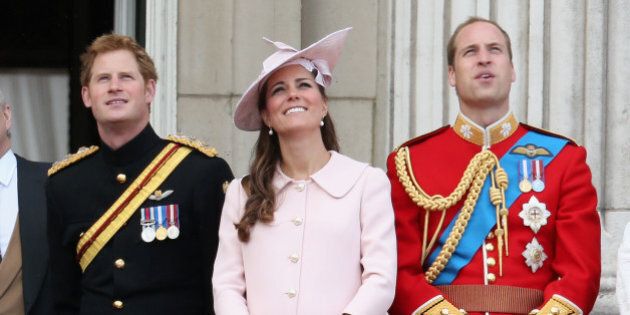 LONDON, ENGLAND - JUNE 15: Prince Harry, Catherine, Duchess of Cambridge and Prince William, Duke of Cambridge on the balcony of Buckingham Palace during the annual Trooping the Colour Ceremony on June 15, 2013 in London, England. Today's ceremony which marks the Queens official birthday will not be attended by Prince Philip the Duke of Edinburgh as he recuperates from abdominal surgery and will also be The Duchess of Cambridge's last public engagement before her baby is due to be born next month. (Photo by Chris Jackson/Getty Images)