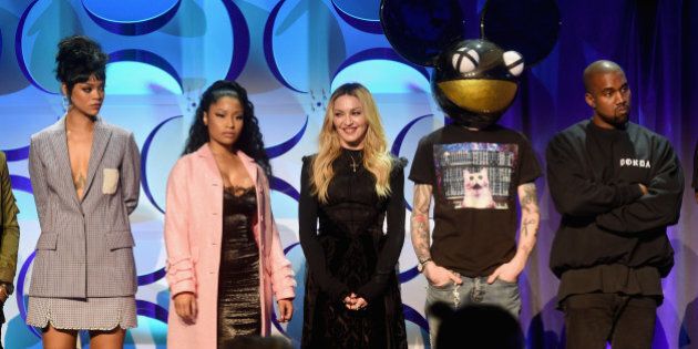 NEW YORK, NY - MARCH 30: (L-R) Rihanna, Nicki Minaj, Madonna, Deadmau5, and Kanye West onstage at the Tidal launch event #TIDALforALL at Skylight at Moynihan Station on March 30, 2015 in New York City. (Photo by Jamie McCarthy/Getty Images for Roc Nation)