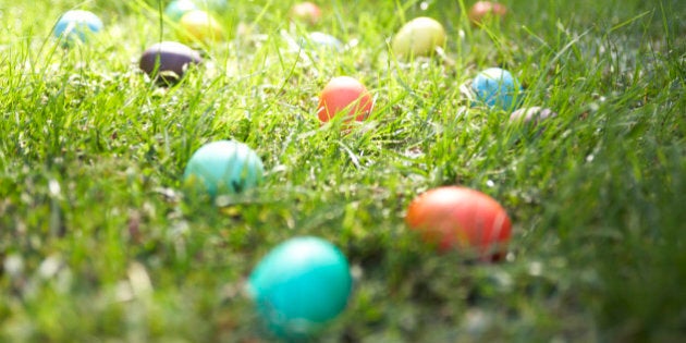 Easter eggs on lawn, close-up