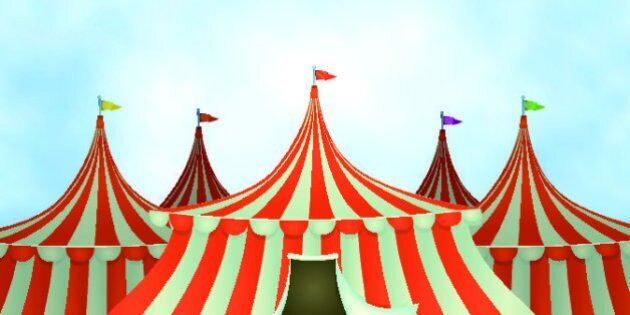 Vector illustration of cartoon circus tents on a blue sky background. Vector eps and high resolution jpeg files included