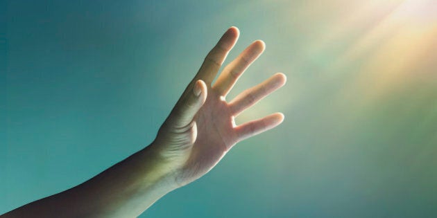 hand, reaching, glowing, light, glow, finger, fingers, blue, yellow, studio, studio background