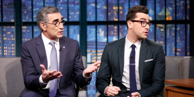 LATE NIGHT WITH SETH MEYERS -- Episode 160 -- Pictured: (l-r) Actors Eugene Levy & Daniel Levy during an interview on January 9, 2015 -- (Photo by: Lloyd Bishop/NBC/NBCU Photo Bank via Getty Images)