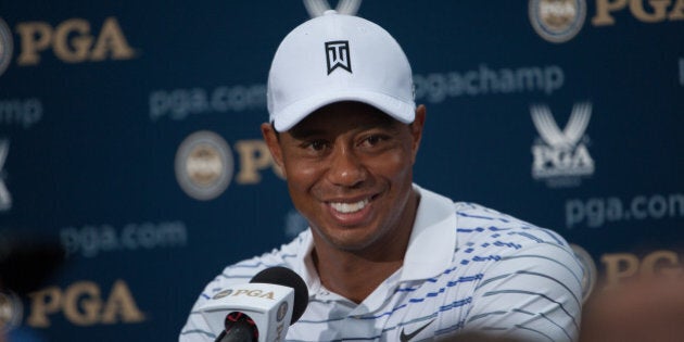 LOUISVILLE, KY - AUGUST 8: Tiger Woods of the United States gives an interview after his round during the Second Round of the 96th PGA Championship, at Valhalla Golf Club, on August 8, 2014 in Louisville, Kentucky. (Photo by Montana Pritchard/The PGA of America via Getty Images)