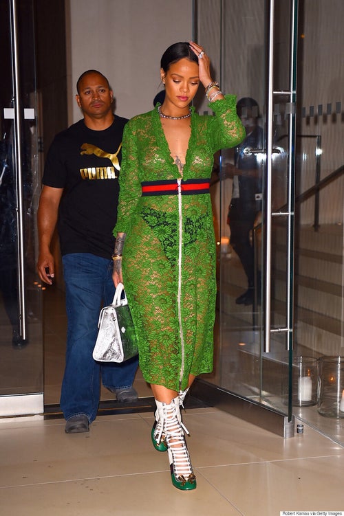 green rihanna dress Rihanna Wears Mint Green Dress to British Fashion Awards