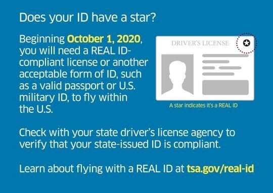 Beginning October 1, 2020, all U.S. travelers will need a Real ID-compliant license or other approved form of identification to fly.