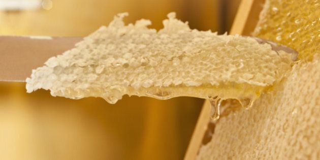 Close up of knife cutting honeycomb