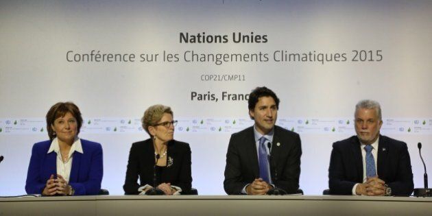 PARIS, FRANCE - NOVEMBER 30: Justin Trudeau (2nd-R) prime minister of Canada speaks during a press conference at the 21st session of the conference COP21 on climate change on November 30, 2015 in Paris, France. More than 150 world leaders are meeting for the 21st session of the Conference of the Parties to the United Nations Framework Convention on Climate Change (COP21/CMP11, from November 30 to December 11. (Photo by Patrick Aventurier/Getty Images)