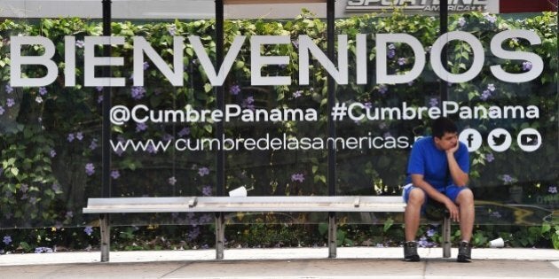 A billboard referring to the upcoming VII Summit of the Americas to take place next April 10 and 11, in Panama City, on April 6, 2015. AFP PHOTO/ Rodrigo ARANGUA (Photo credit should read RODRIGO ARANGUA/AFP/Getty Images)