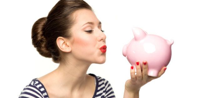 pin up girl kissing piggy bank
