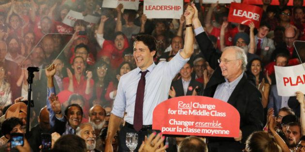 BRAMPTON, ON- AUGUST 25 - Federal Liberal Leader Justin Trudeau campaigns with former Prime Minister Paul Martin during the Canadian Federal Election at the Embassy Grand Convention Centre in Brampton. August 25, 2015. (Steve Russell/Toronto Star via Getty Images)