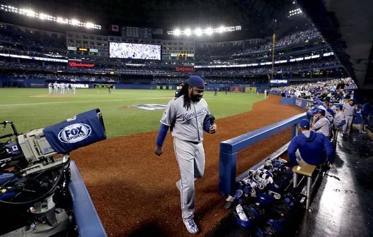 Kansas City Royals mascot Sluggerrr fires up the crowd before Game 2 of the  ALCS against the Toronto Blue Jays on at Kauffman Stadium in Kansas City,  Mo., on Saturday, Oct. 17