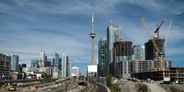 Toronto skyline from Bathurst Street bridge looking east CN Tower, financial district and new condominium construction.