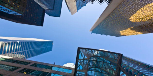 Low angle view of skyscrapers, Bay Street, Toronto, Ontario, Canada, North America