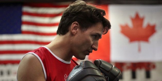 Canadian Prime Minister Justin Trudeau spars in the ring at Gleason's Boxing Gym in the Brooklyn borough of New York, U.S., April 21, 2016. REUTERS/Carlo Allegri