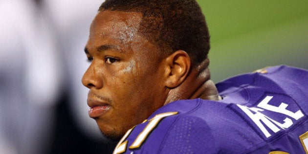 ARLINGTON, TX - AUGUST 16: Ray Rice #27 of the Baltimore Ravens sits on the bench against the Dallas Cowboys in the first half of their preseason game at AT&T Stadium on August 16, 2014 in Arlington, Texas. (Photo by Ronald Martinez/Getty Images)