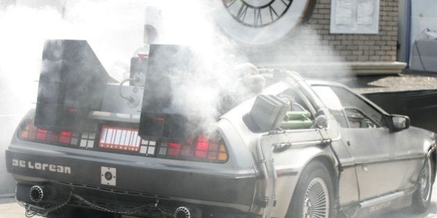 LOS ANGELES, CA - AUGUST 02: Actor Christopher Lloyd inside the DeLorean arrives at the Countdown to the Final Flight of the Back To The Future Ride at Universal Studios Hollywood on August 02, 2007 in Los Angeles, California. (Photo by Noel Vasquez/Getty Images)