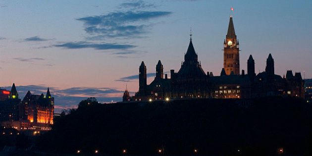 Parliament building clock tower in Ottawa , Ontario , Canada