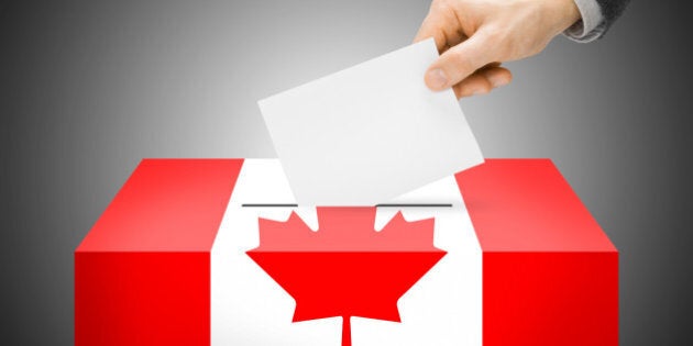 Voting concept - Ballot box painted into national flag colors - Canada