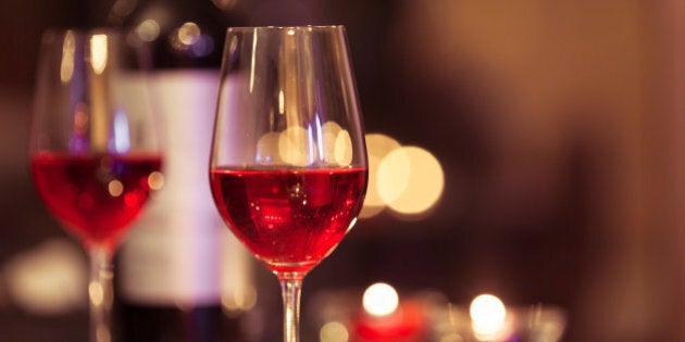 Close-up of wine glasses in a restaurant.