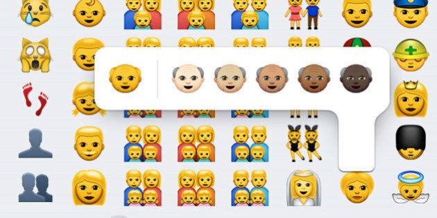 This screen shot made Thursday, April 9, 2015 on an iPhone 6 shows some of the new emojis available with the iOS 8.3 software update. The batch of more than 300 new emojis includes ones different skin tones and depictions of families with two moms or two dads. (AP Photo)