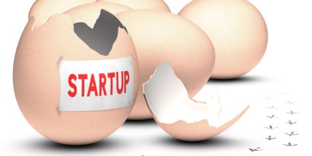 Business incubator concept. 3D render over white background. Five eggs plus one open, with bird footprint on the floor with the word startup written on a paper.